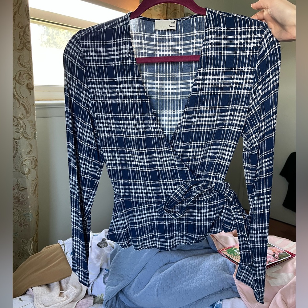 Aritzia Wilfred Free Navy Blue Plaid Wrap Top